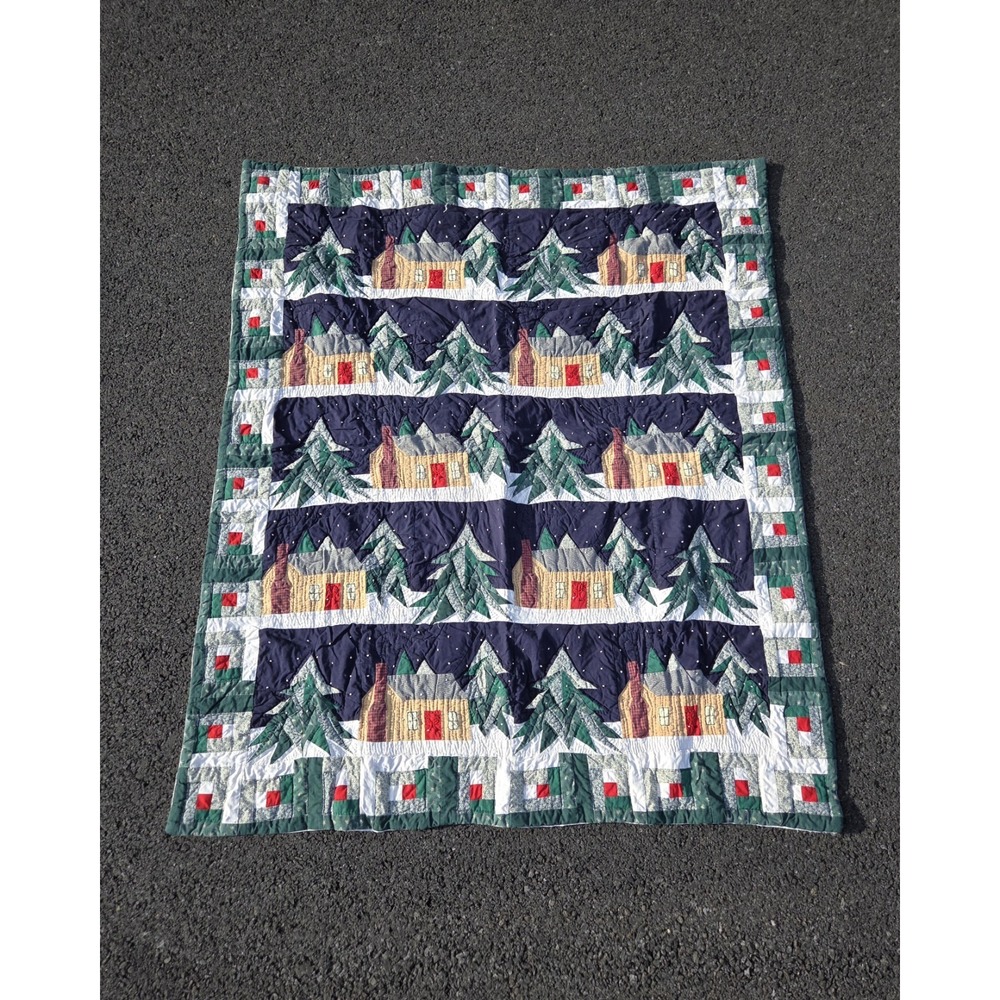 Vintage LL Bean Quilt Blanket Throw Christmas Cabin Snowy 58x48"‎